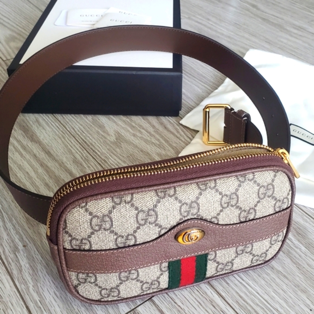 Gucci GG Supreme Web Stripe Belt Bag / Waist Bag Brown Canvas